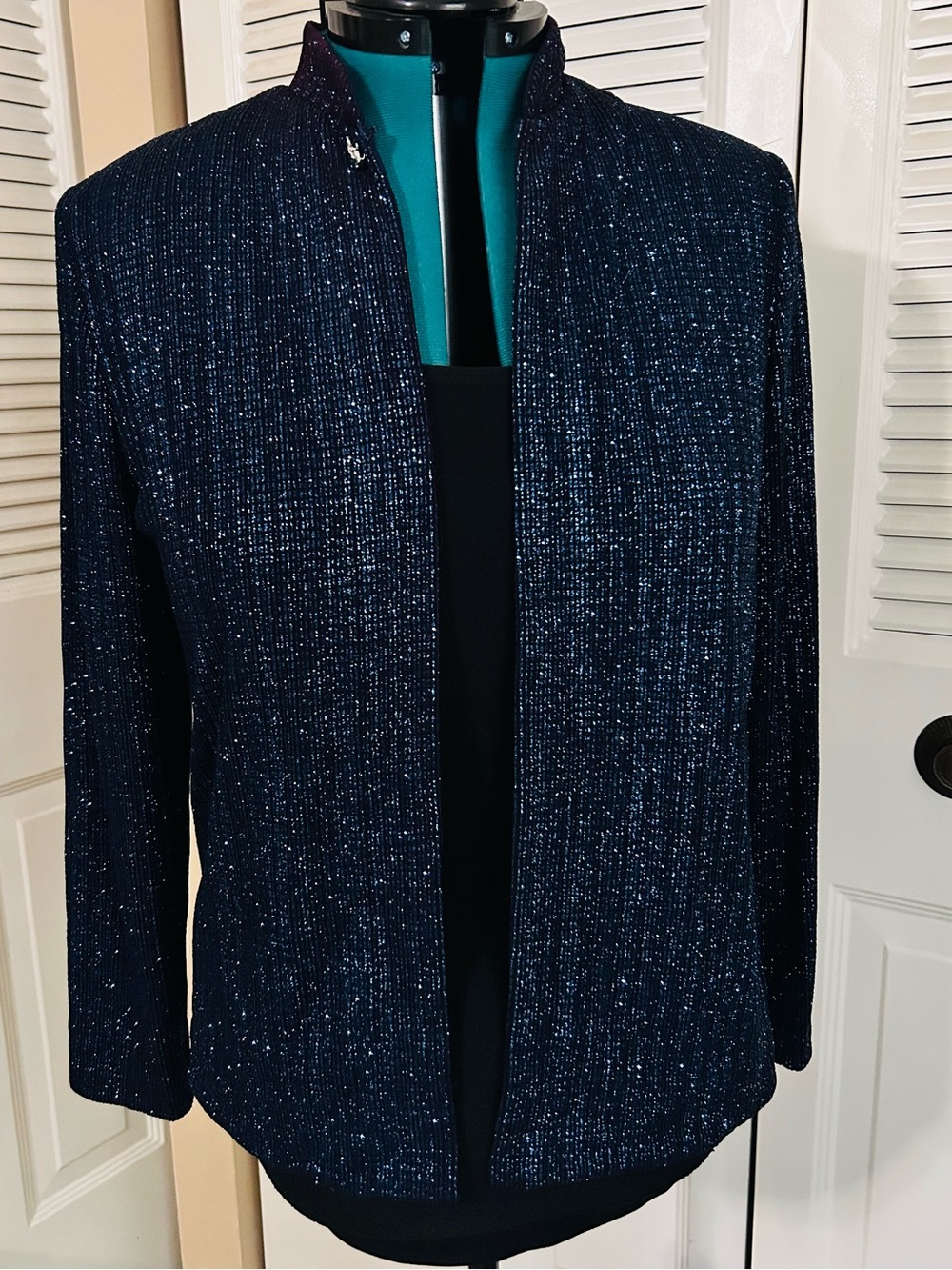 Alex Evenings Petite 14P Navy Shimmer Open Front Evening Jacket Rhinestone Clasp